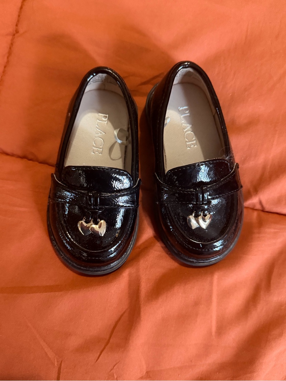 The Children's Place Black Patent Loafers with Gold Heart Accent